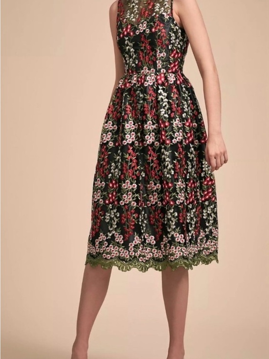 BHLDN Dresses & Skirts - BHLDN Black Midi Dress with Red, White & Green Floral Embroidery and Green Trim